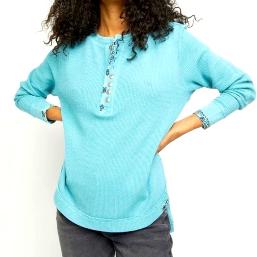 NEW Free People Teal Oversized Thermal Paisley long sleeve shirt